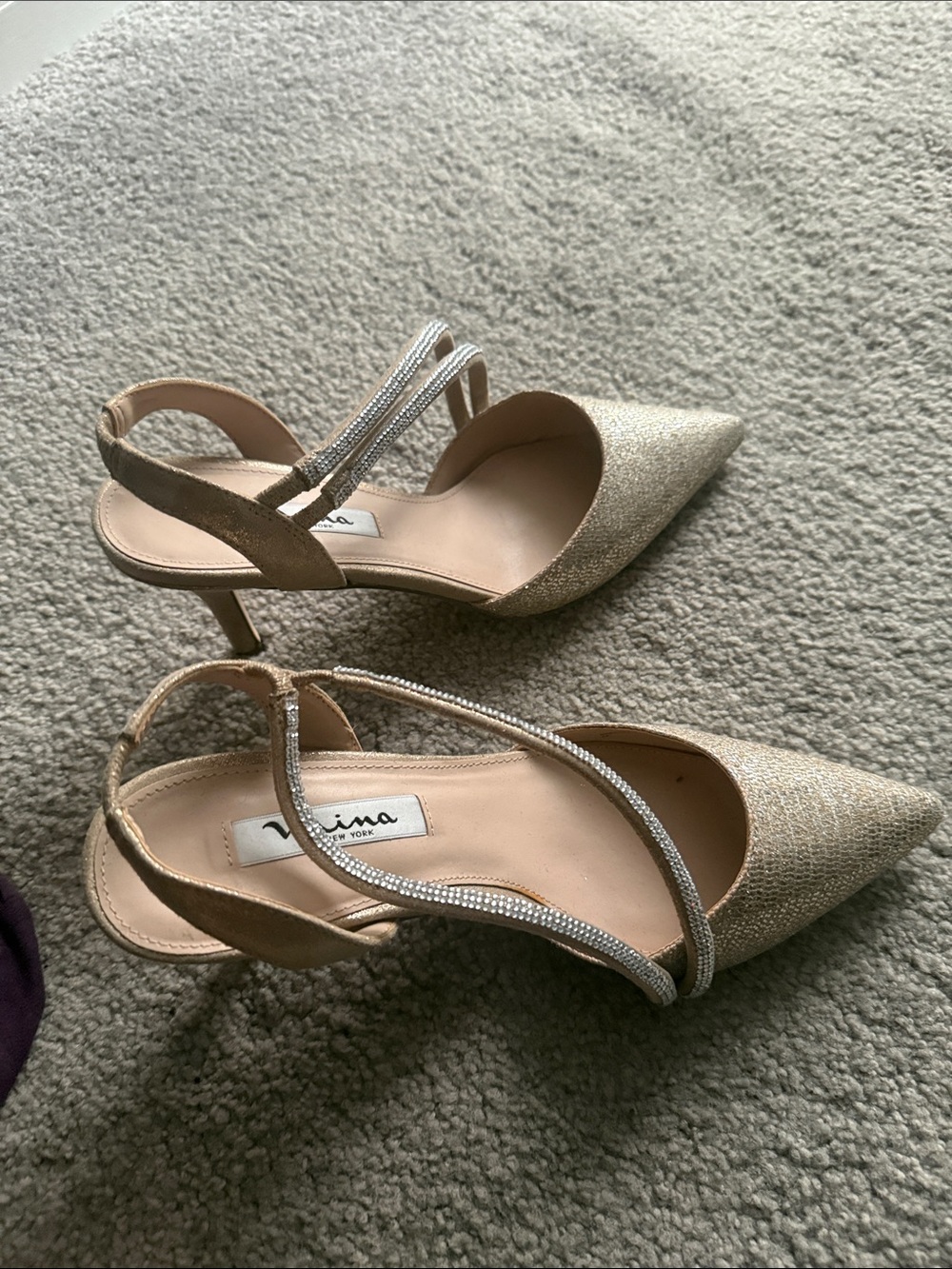 Nina Gold Glitter Pointed-Toe Slingback Heels with Rhinestone Straps